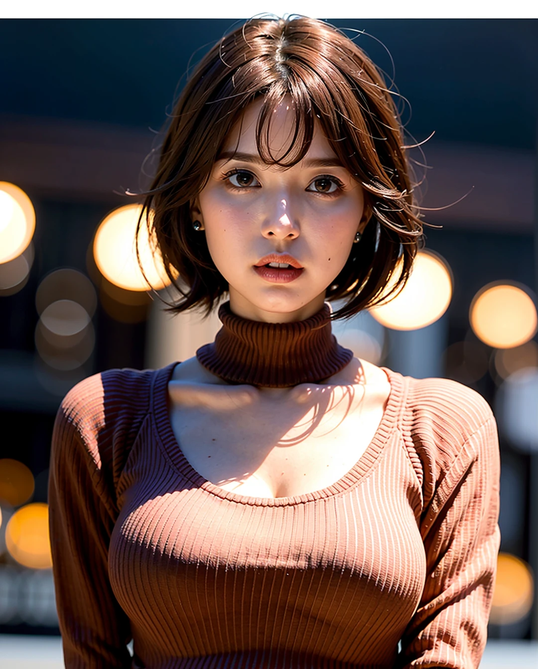 best quality, photorealistic, 8k, high res, 1girl, woman, (skindentation), (portrait:0.6), blur background, outdoor, (high-neck sweater:1.5), gorgeous, (night, floating hair:1.5), (dynamic pose:0.8), soft lighting, wind, garden, looking at viewer, (1girl eyes looking at viewer, brown hair, shorthair, parted bangs:1.6), photorealistic, (bokeh), gorgeous, pureerosface_v1, <lora:av-Aoi:0.65>