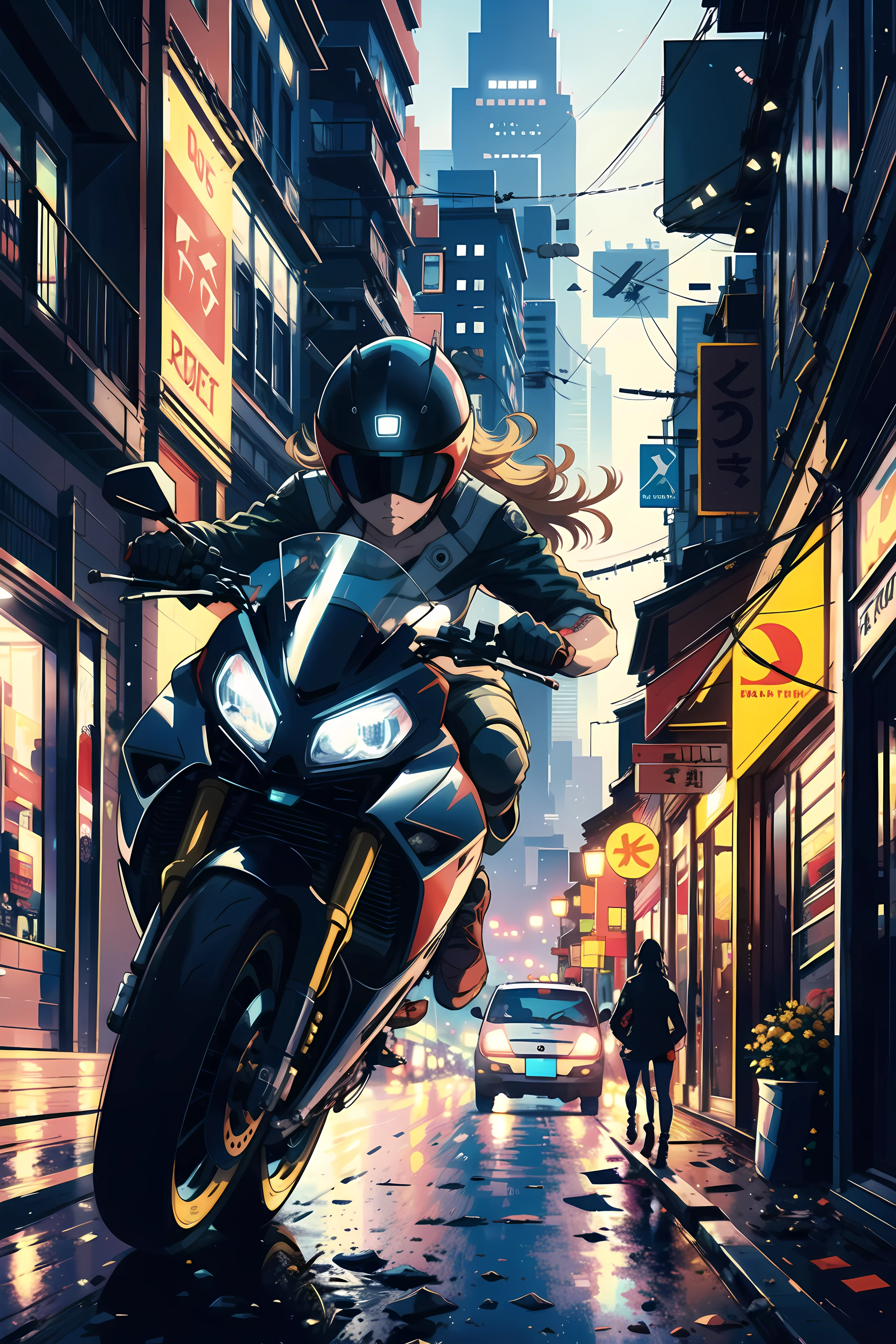 girl riding sportbike, movie poster,(by Artist Carrie Ann Baade:1.3)
