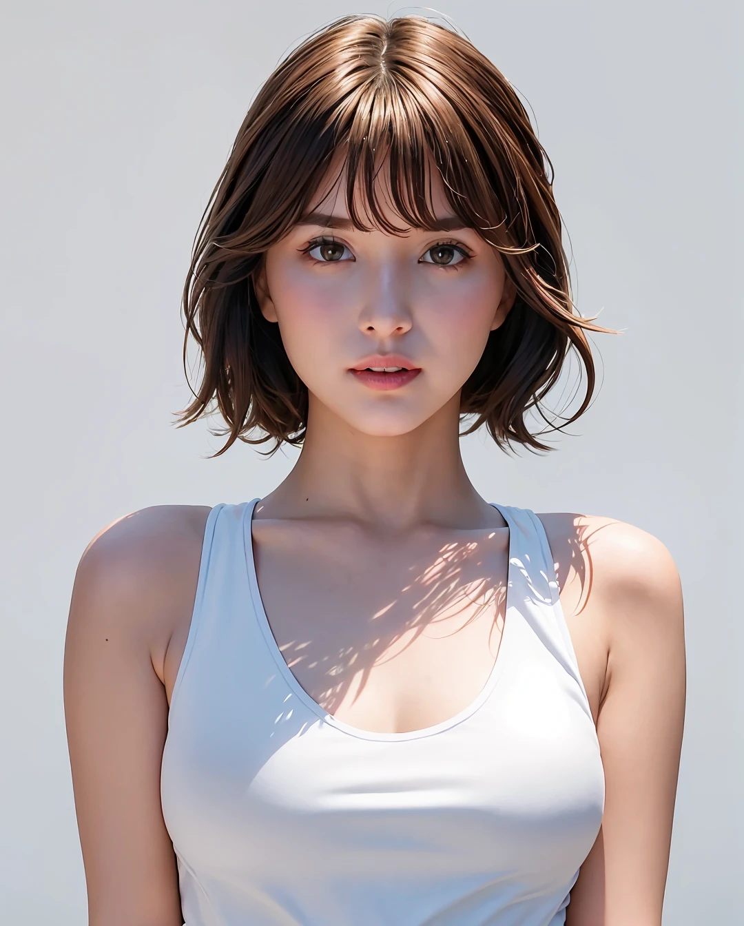 best quality, photorealistic, 8k, high res, 1girl, woman, (skindentation), (portrait:0.6), gorgeous, ((whitebackground, sport tanktop, small breast:1.75)), (short wavy hair, parted bangs:1.6), looking at viewer,  (1girl eyes looking at viewer:1.6), photorealistic, (bokeh), (floating hair, parted lips, closed mouth:1.3), gorgeous, pureerosface_v1:1, <lora:av-Aoi:0.48>