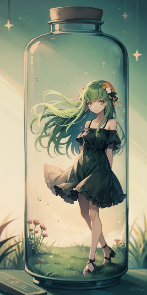 1girl, solo,green hair, yellow eyes, black dress, looking at viewer, full body, floating hair, long hair, hair flower, meadow, air bubble, submerged, partially submerged, bottle,gib\(concept\),in container, <lora:bottle_locon_v2m:0.6> ,<lora:cc_locon_v1a:0.7>