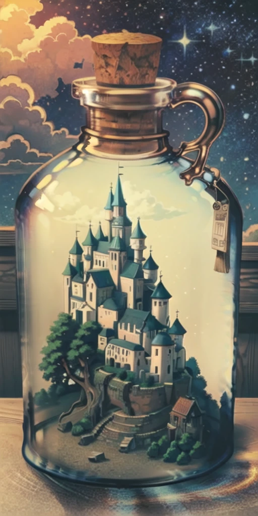 bottle, building, castle, cloud, fantasy, fingernails, head out of frame, house, gib\(concept\), miniature, scenery, solo, space, tower, tree, wall, sky, cup, no humans, star (sky), night, night sky, starry sky, outdoors, holding, <lora:bottle_locon_v2m:1>