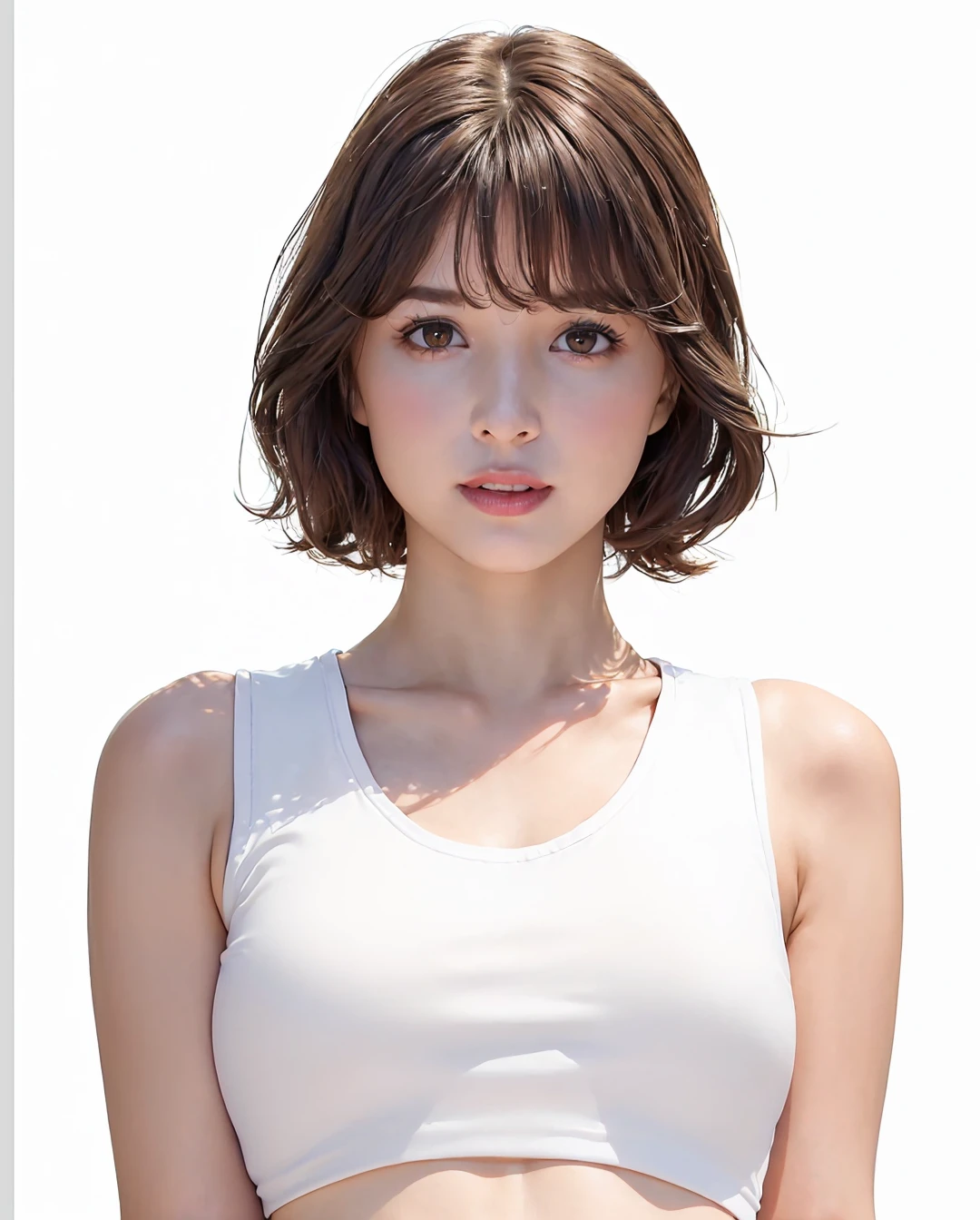 best quality, photorealistic, 8k, high res, 1girl, woman, (skindentation), (portrait:0.6), gorgeous, ((whitebackground, sport tanktop, small breast:1.65)), (short wavy hair, parted bangs:1.6), looking at viewer, (1girl eyes looking at viewer:1.6), photorealistic, (bokeh), (floating hair, smile:1.3), gorgeous, pureerosface_v1:1, <lora:av-Aoi:0.55>