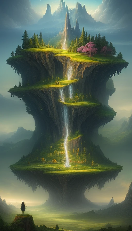 A mystical and epic landscape, featuring a fantastical and surreal world of floating islands, giant trees, and mythical creatures, that transport the viewer to a world of imagination and wonder, artstation, digital art, intricate, trending, bright colors