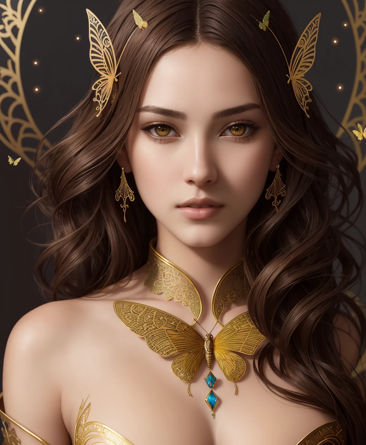 8k portrait of beautiful cyborg with brown hair, intricate, elegant, highly detailed, majestic, digital photography, art by artgerm and ruan jia and greg rutkowski surreal painting gold butterfly filigree, broken glass, (masterpiece, sidelighting, finely detailed beautiful eyes: 1.2), hdr