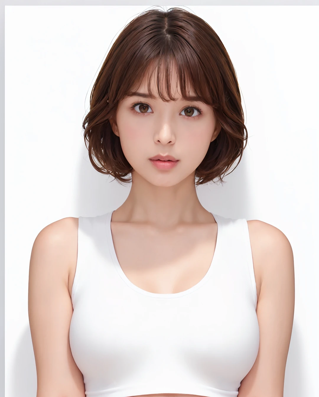 best quality, photorealistic, 8k, high res, 1girl, woman, (skindentation), (portrait:0.6), gorgeous, ((whitebackground, sport tanktop, small breast:1.65)), (short wavy hair, parted bangs:1.6), looking at viewer, (1girl eyes looking at viewer:1.6), photorealistic, (bokeh), (floating hair, lips, closed mouth:1.43), gorgeous, pureerosface_v1:1, <lora:av-Aoi:0.56>