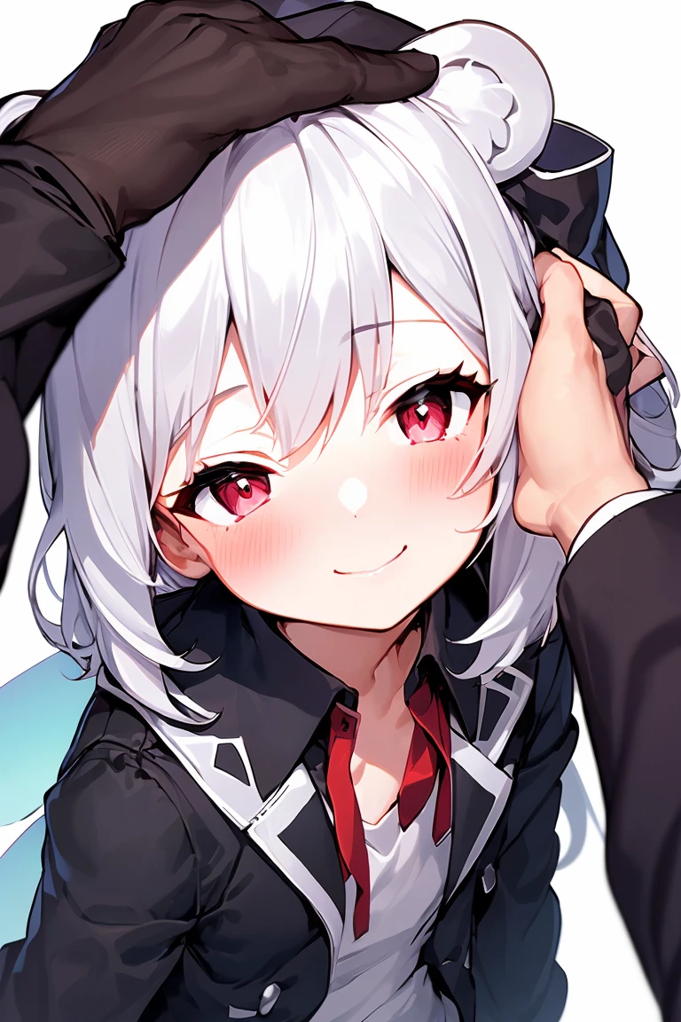 1girl, 1boy, pov, (headpat), simple background, blush, white hair, hair ornament, wariza, (fairy wings), white background, bear ears, wings, light smile,