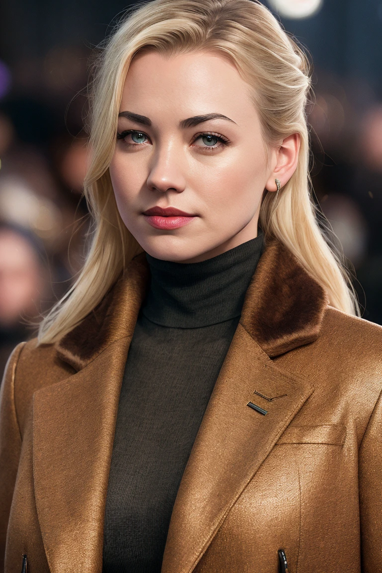 photo of (yv0nn3:0.99), a woman as a movie star, modelshoot style, (extremely detailed CG unity 8k wallpaper), photo of the most beautiful artwork in the world, professional majestic oil painting by Ed Blinkey, Atey Ghailan, Studio Ghibli, by Jeremy Mann, Greg Manchess, Antonio Moro, trending on ArtStation, trending on CGSociety, Intricate, High Detail, Sharp focus, dramatic, photorealistic painting art by midjourney and greg rutkowski, (long brown coat), (turtleneck), ((comicon event)), (leather trousers), ((standing on the red carpet)), ((paparazzi in the background)), (looking at viewer), (detailed pupils:1.3), (modern outfit:1.2), (closeup), red lips, (eye shadow)