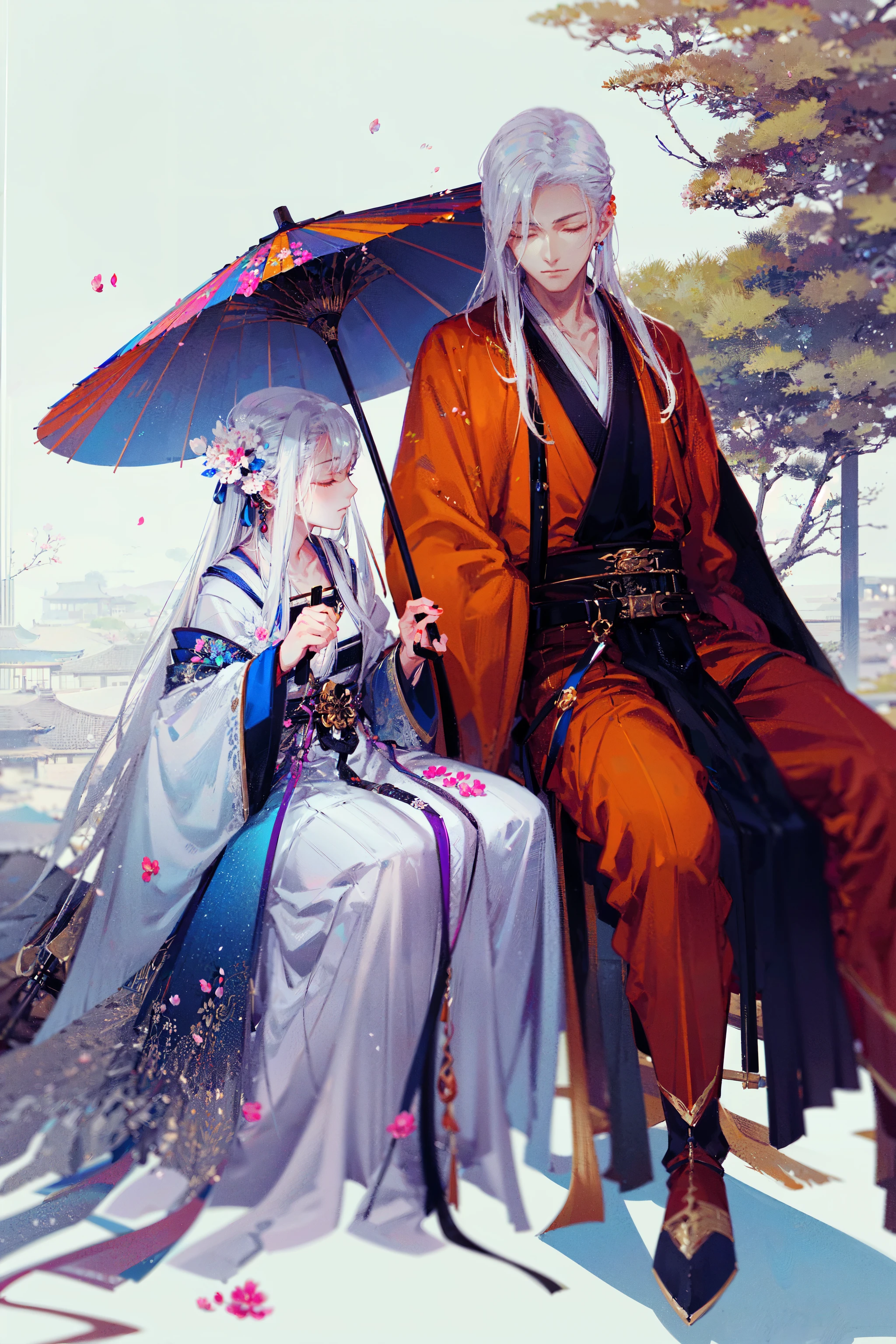 hanfu, long hair, chinese clothes, holding, 1girl, hair ornament, 1boy, umbrella, flower, weapon, sitting, black hair, closed eyes, hair flower, sword, long sleeves, white hair, holding weapon, fruit, robe, holding sword, closed mouth, wide sleeves