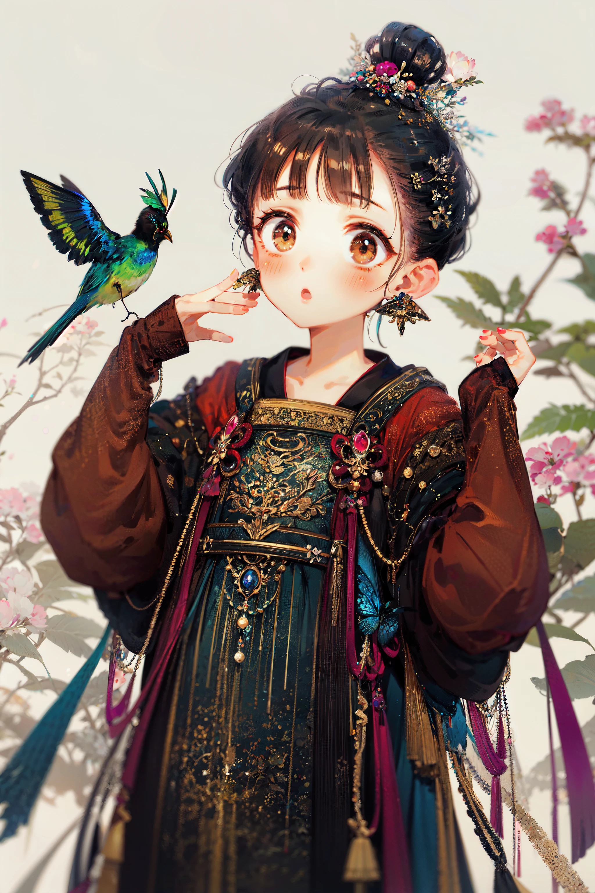 masterpiece, best quality, extremely detailed, detailed background, detailed face, hanfu, 1girl, solo, jewelry, earrings, hair ornament, long sleeves, chinese clothes, glowing, black hair, hair bun, dress, blush, brown eyes, standing, wide sleeves, dark, light particles, hands up, bug, :o, butterfly, beads, bird, looking away, sleeves past wrists, bangs, child