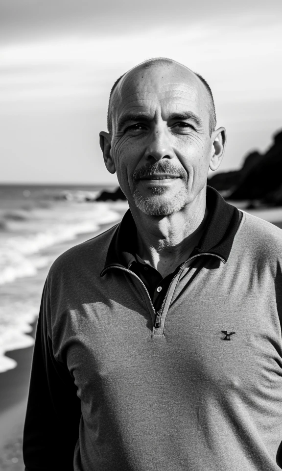 b&w photo of 42 y.o man in black clothes, bald, face, half body, body, high detailed skin, skin pores, coastline, overcast weather, wind, waves, 8k uhd, dslr, soft lighting, high quality, film grain, Fujifilm XT3