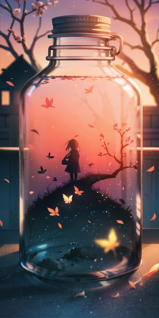 1girl, bottle, branch, cherry blossoms, dark room, floor, herbarium, gib\(concept\), mountain, reflection, scenery, silhouette, sky, solo, umbrella, vial, water, tree, blurry, light particles, leaf, minigirl, <lora:bottle_locon_v2m:1>