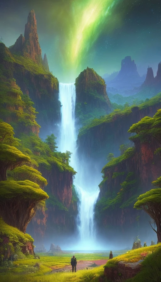 beautiful Alien landscape full of lots of vegetation, beautiful hyper detailed colorful plants, with a beautiful waterfall in the spectacular background, the galactic sky full of stars, epic concept art, by greg rutkowski and albert bierstadt, trending on artstation, hyper detailed, octane render, no man sky style, vibrant vivid colors, fantasy art, oil painting