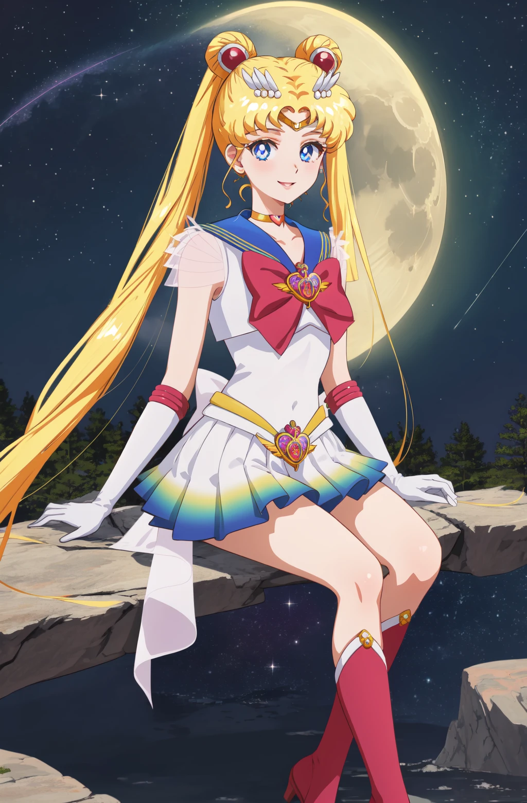 masterpiece, best quality, (1girl), supersailormoon, detailed face, smile, nigh sky, moonlight, moon, sakura trees, white gloves, detailed eyes, detailed face, fullbody, sitting on rock, galaxy background, detailed background