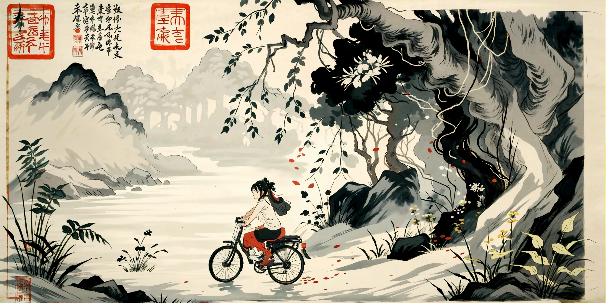 photo of a girl ,tangbohu style bike <lora:tangbohu:0.7>