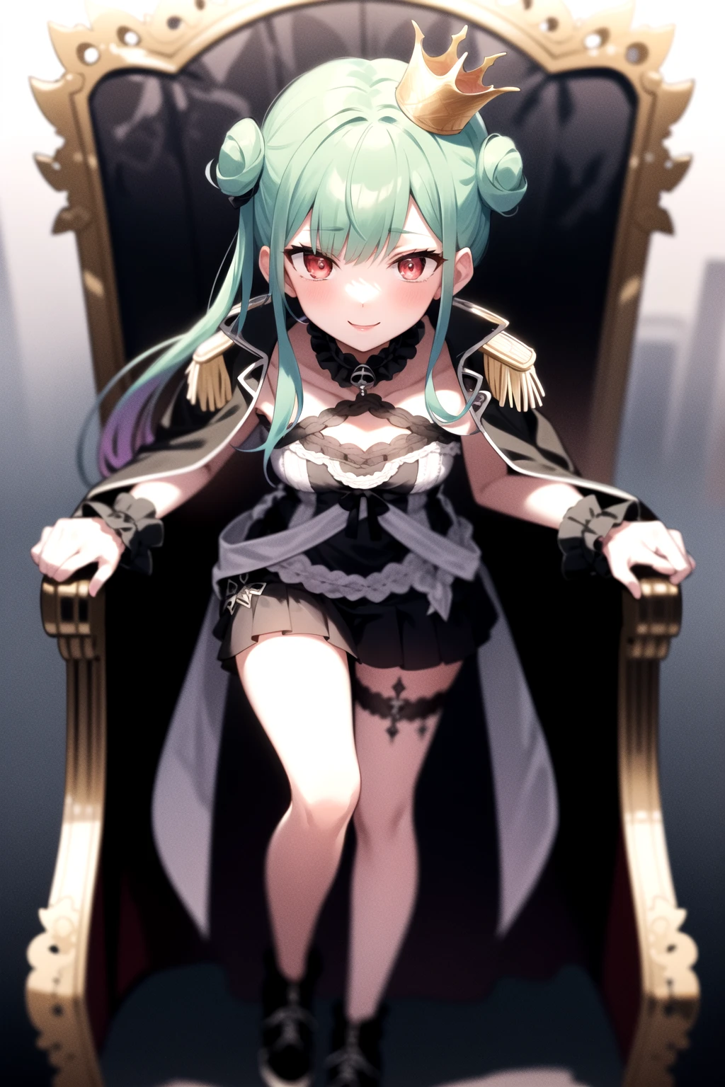 2d, masterpiece, best quality, anime, highly detailed face, highly detailed eyes, highly detailed background, perfect lighting, full body, 1girl, solo, rushia_crown, green hair, medium hair, uneven twintails, black dress, black coat, standing, dynamic pose, smile, castle, throne room <lora:rushia-05:1>