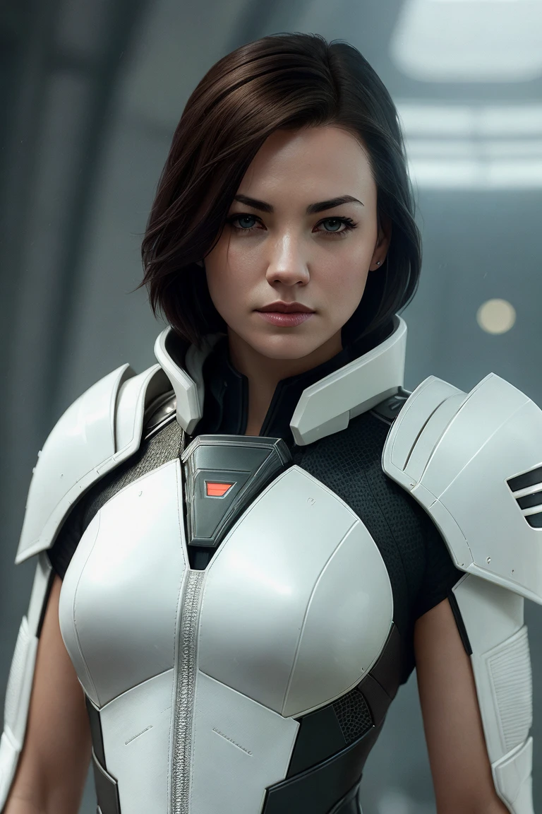 photo of (yv0nn3:0.99), a woman as Mass Effect's Miranda Lawson, (Mass Effect style), (wearing futuristic white armor), (black hair:1.1), modelshoot style, (extremely detailed CG unity 8k wallpaper), photo of the most beautiful artwork in the world, professional majestic oil painting by Ed Blinkey, Atey Ghailan, Studio Ghibli, by Jeremy Mann, Greg Manchess, Antonio Moro, trending on ArtStation, trending on CGSociety, Intricate, High Detail, Sharp focus, dramatic, photorealistic painting art by midjourney and greg rutkowski, (wearing an elegant suit with neckline), (spaceship), (looking at viewer), (detailed pupils:1.3), closeup