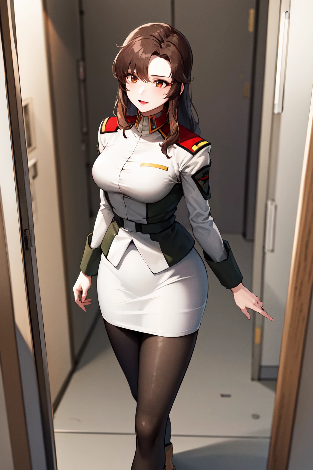 masterpiece, best quality, highres, ramius1, 1girl, solo, military uniform, military, makeup, black pantyhose, white shirt,  white skirt, tight skirt, <lora:murrue_ramius_v1:0.7>, walking indoors, space, cowboy shot,