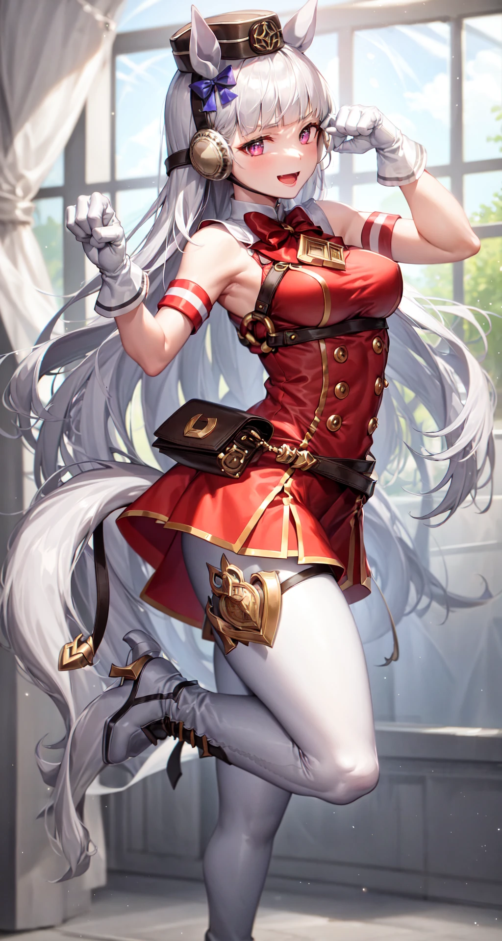 masterpiece, best quality, 
gold ship \(umamusume\),
standing on one leg, hands up, paw pose, open mouth, smile, 
pillbox hat, brown headwear, red bowtie, bare shoulders, red dress, sleeveless dress, armband, white gloves, buttons, pouch, white pantyhose, thigh strap, white footwear, knee boots, high heel boots
<lora:gold ship_loha:0.7>