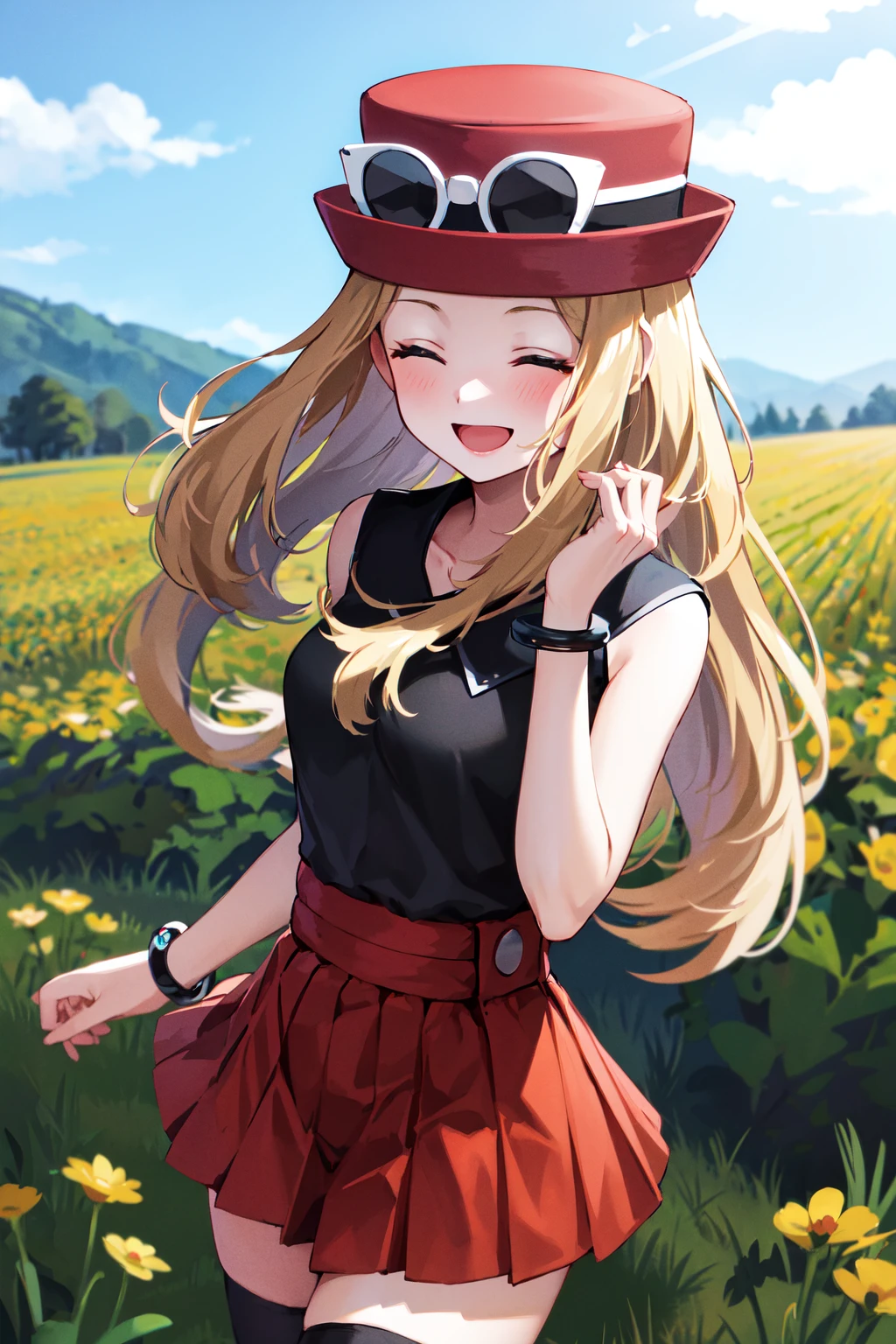 masterpiece, best quality, highres, blue eyes, serena \(pokemon\), 1girl, solo, thighhighs, long hair, hat, jewelry, bracelet, black thighhighs, collared shirt, pleated skirt, red skirt, sleeveless, high-waist skirt, sleeveless shirt, eyelashes, pink headwear, black shirt, eyewear on headwear, <lora:serena_v1:0.6>, upper body, field, smile, close eyes,