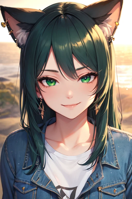 (masterpiece, best quality, ultra-detailed, highres),perfect face, sidelighting, lustrous skin,(bloom), (shine), ray tracing, sci-fi, 1girl, solo, wearing a band tshirt, denim jeans, (cat ears, animal ears), (holographic green eyes),earrings, long_hair,(mature),depth_of_field,very detailed background,extreme light and shadow,(detailed eyes), (beautiful) beautiful detailed eyes, (seductive smirk), island scene background, perfect lighting , perfect anatomy, upper body ,close up , pov