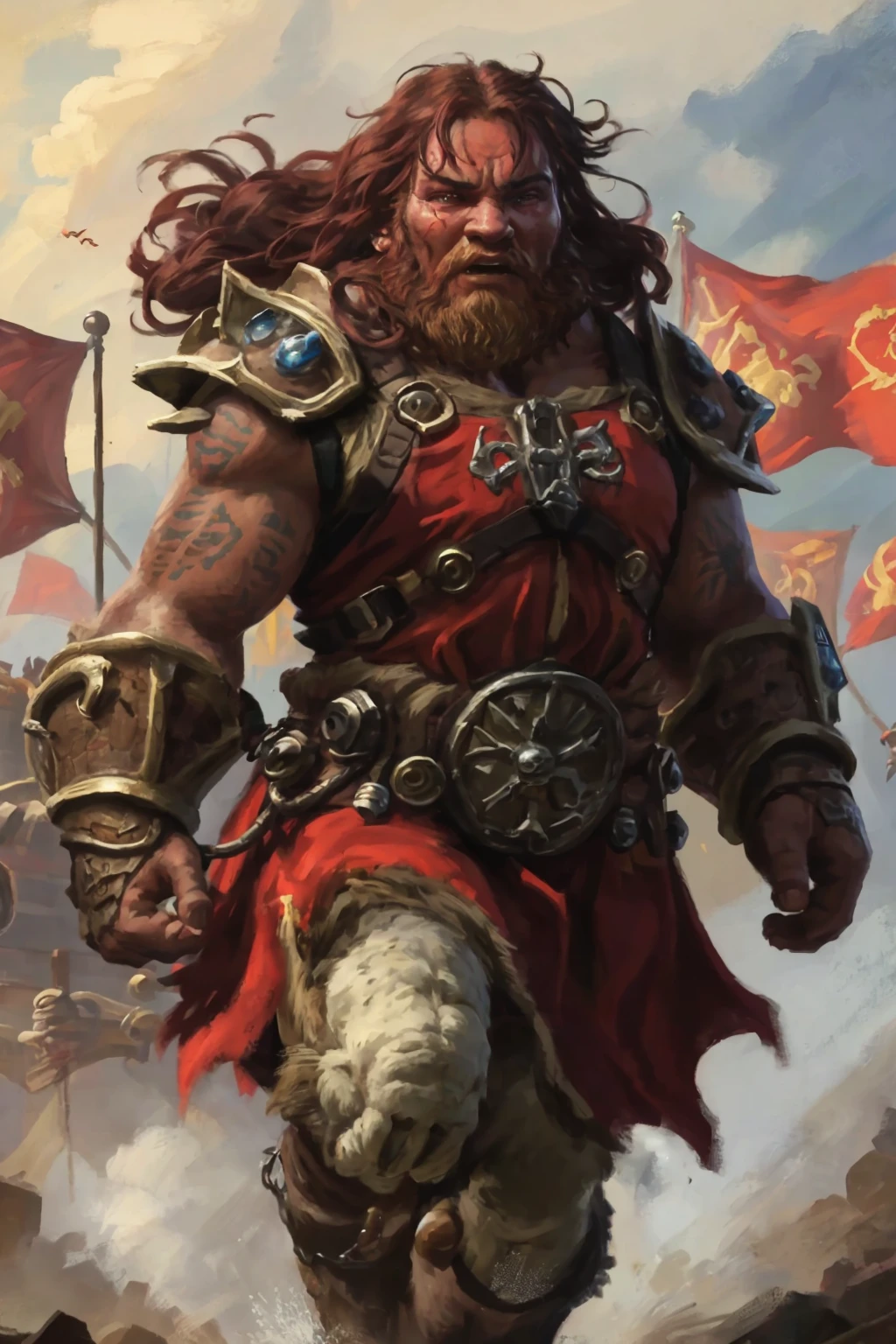 zrpgstyle, medieval fantasy portrait armored dwarf warrior charging into battle violent roar spittle raging angry arms up greaves boots standing in a crowd of warriors red banners windy dust debris storm fantasy stone castle bright morning light from side, (masterpiece:1.2) (illustration:1.2) (best quality) (detailed) (intricate) (8k) (HDR) (wallpaper) (cinematic lighting) (sharp focus)