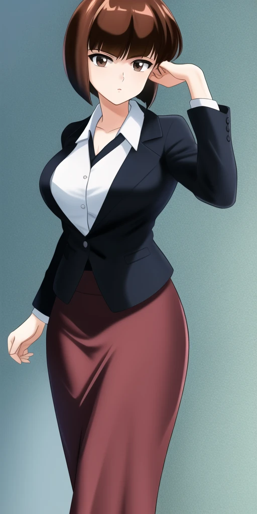 masterpiece, best_quality, highres, TendouNabiki, short_hair, bangs, large_breasts, brown_hair, brown_eyes, <lora:TendouNabiki:.65>, solo, skirt_suit