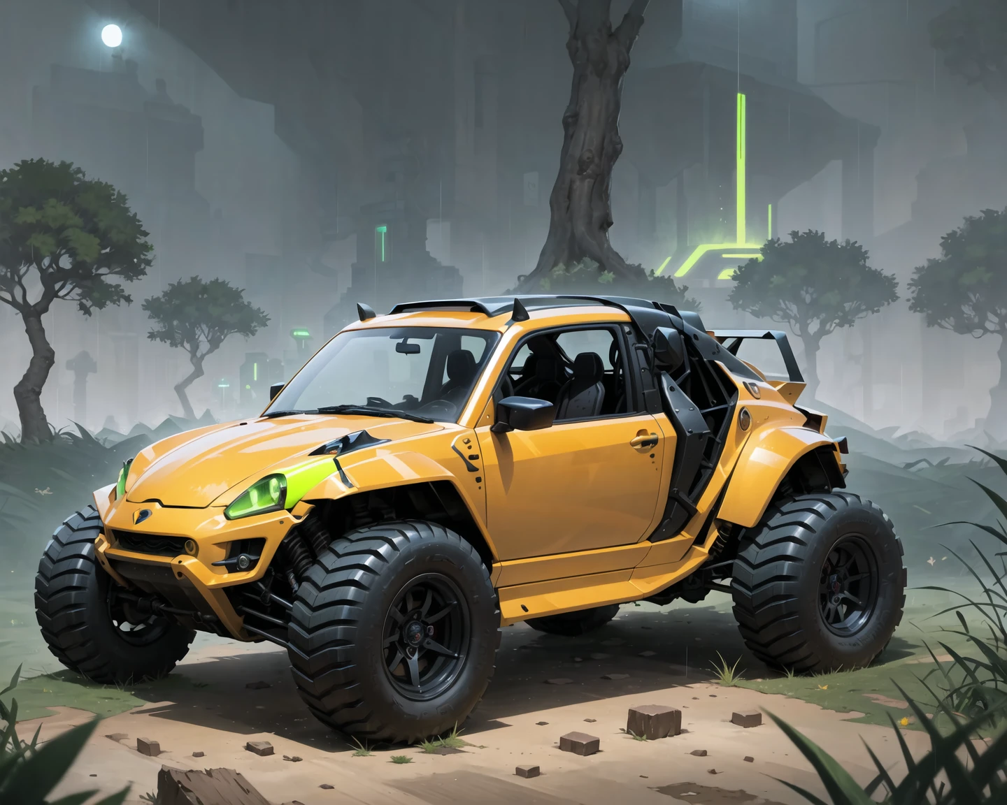 (masterpiece, best quality:1.1), ultra-detailed, (battlecar:1.1), (dune buggy:1.08), (painted neon green:1.05), vehicle focus, no humans, car, wheel, tire, debris, grass, tree, night, rain, clean