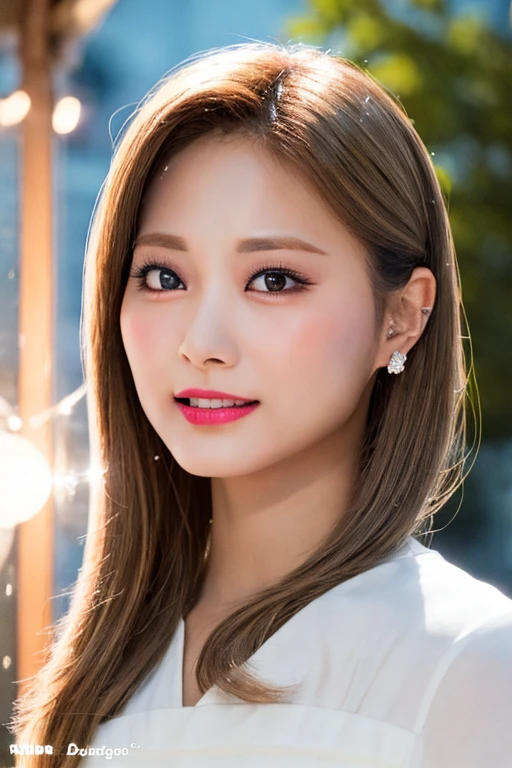 (RAW photo, best quality), (realistic, photo-realistic:1.3),8k, RAW photo, best quality, (masterpiece:1.2), 1girl , cityscape, night,rain, wet, professional lighting, photon mapping, radiosity, looking at viewer, smile, physically-based rendering ,looking at looking at viewer white dress,{portrait} close up, tied hair, brown hair, hair ornament, tzuyu, chewy, <lora:xelors_TwiceTzuyu_V2.0:0.86>