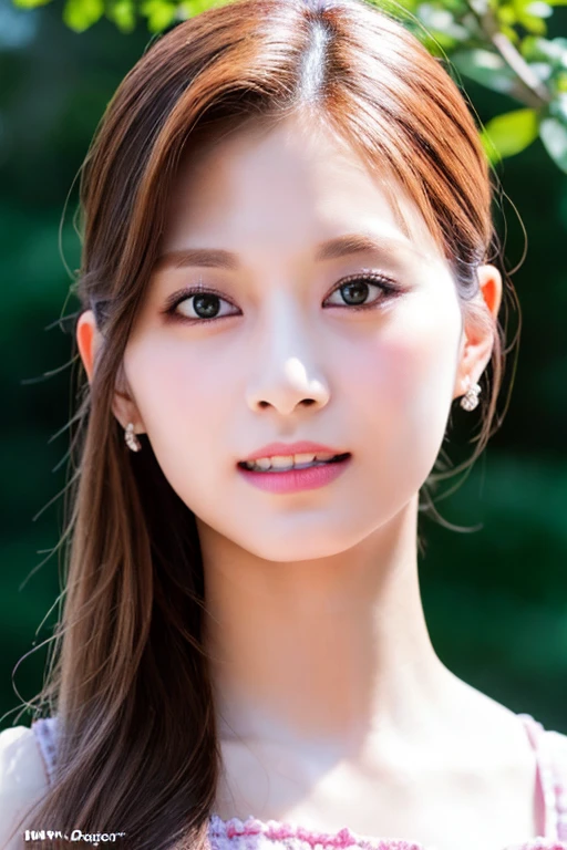 Tzuyu 1, woman, (Realistic), (Hyperrealism), (photoRealistic), Written boundary depth, eye make up:0.7 (whole body:1.8), (Large Bust),(Tight waist), Observe the audience,At the flower garden, Fashion Model, Sexy red dress with open shoulders and neckline