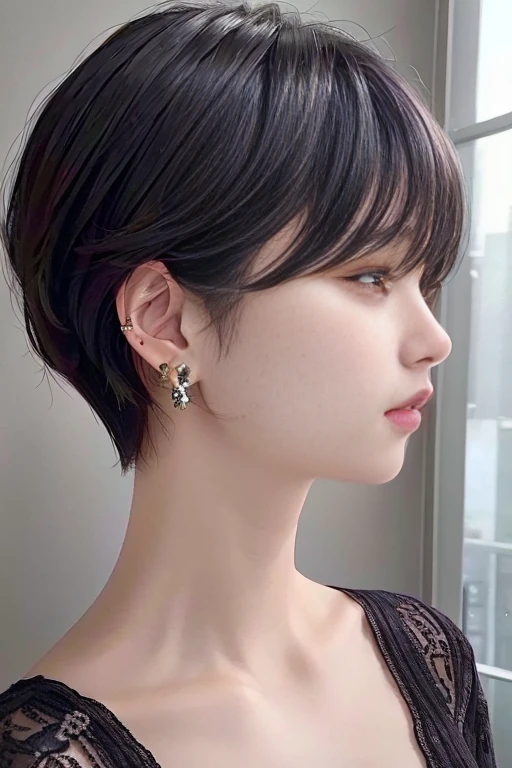 (1girl), (best quality), (masterpiece), (high resolution), (intricate details), (photorealistic), (cinematic light) <lora:SBobHaircut:0.6>
solo, earrings, jewelry, short hair, black hair, hair over eyes, lips, portrait, profile