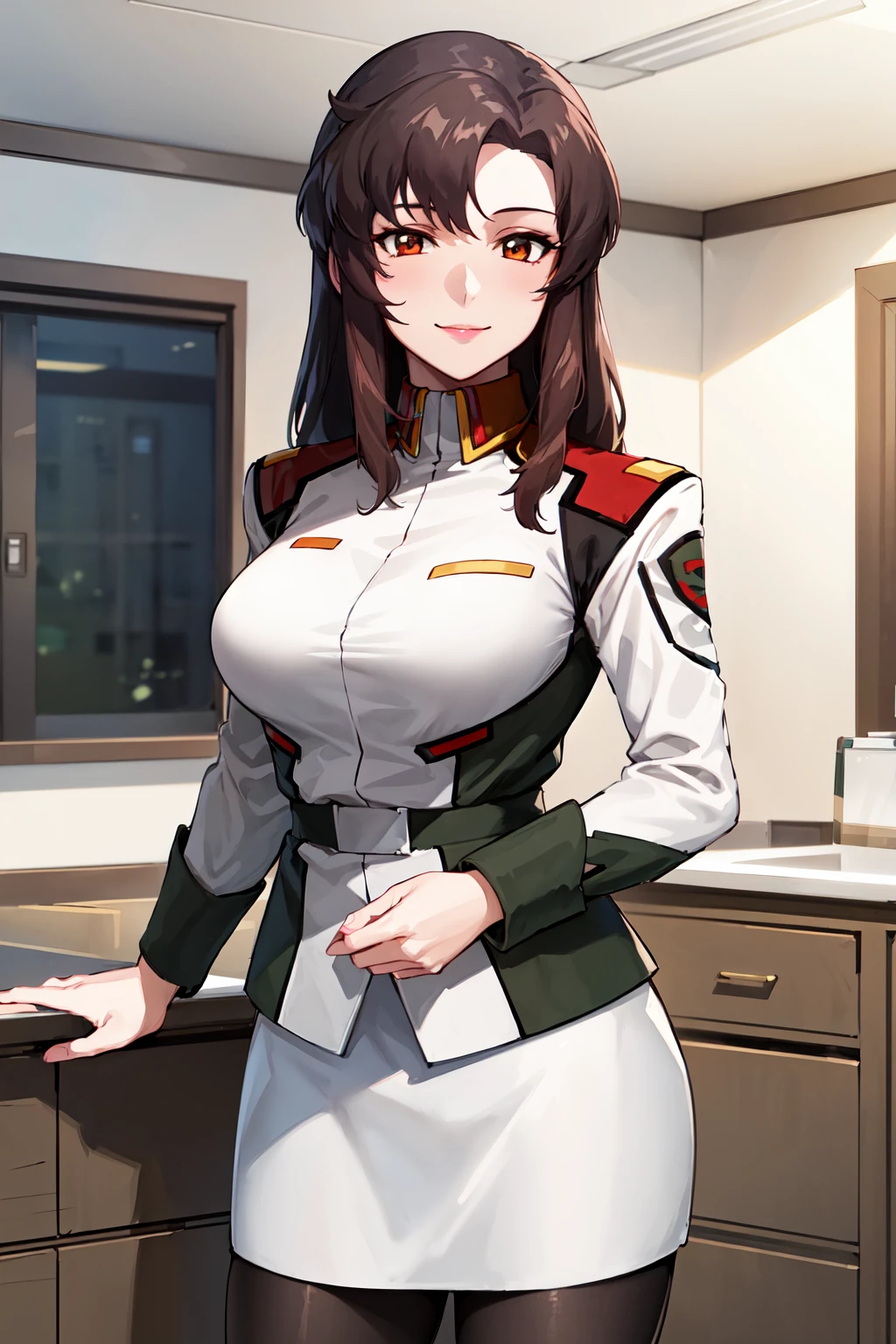 masterpiece, best quality, highres, gundam seed,  ramius1, 1girl, solo, (black_pantyhose:1.1), military uniform, military, makeup, white shirt, white skirt, tight skirt, <lora:murrue_ramius_v1:0.7>, cowboy shot, indoors, standing, smile,