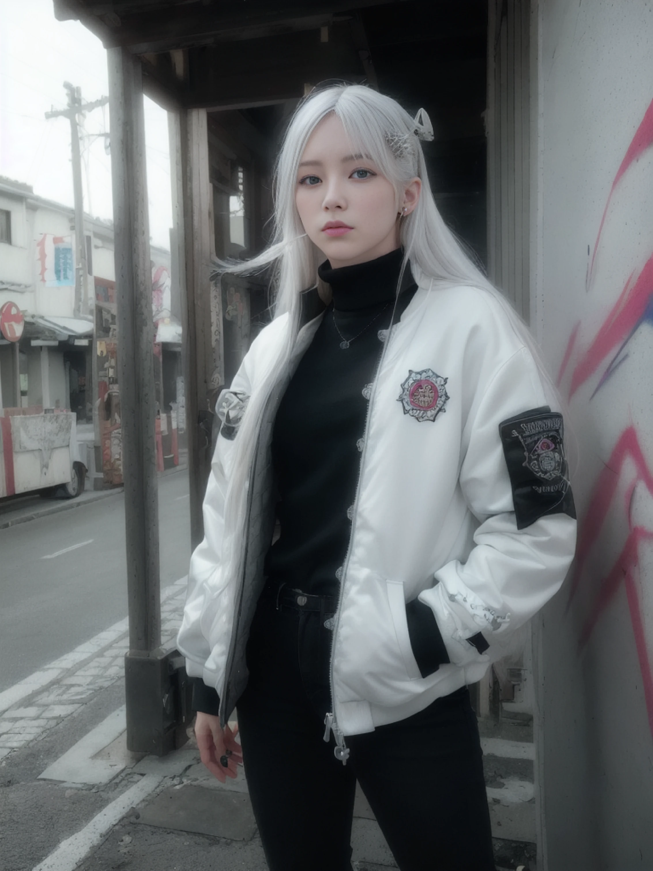 (masterpiece), (realistic:1. 5), (gloomy:1. 3), (cinematic:1. 3), photorealistic, octane render, hyperrealistic, (skindentation:1. 3), (photorealistic face:1. 2), (8k), (4k), (Masterpiece), (Best Quality), (perfect face), illustration, soft lighting, (specular lighting:1. 4), 1man, solo, intricate details, chromatic aberration), realistic, long hair, platinum white hair, (hair ornament:1. 35), red headphone, blue highlights, blue eyes, sharp eyes, choker, bomber jean jacket, open jacket, turtleneck sweater, graffiti, dim lighting, alley , look at viewer, fashion jean, octane render, hyper realistic, thick thighs, standing, depth of field, detailed face, face focus, smoke cigarette, east asian architecture, full body <lora:epiNoiseoffset_v2:0.5>  <lora:blondBoy_:0.7>