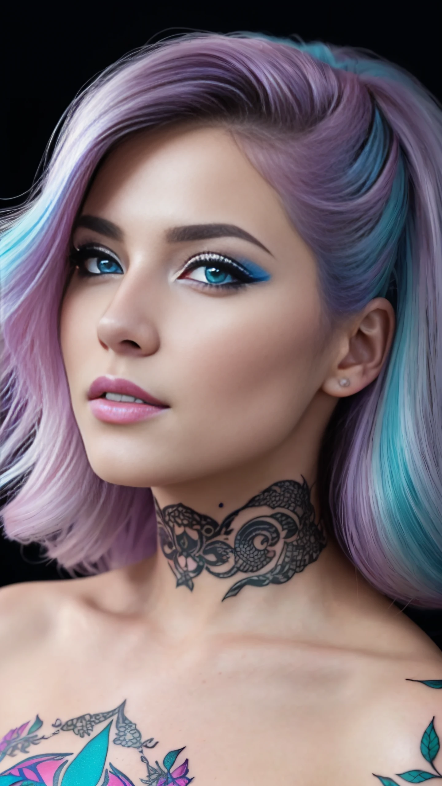 (RAW, analogue, Nikon Z 14mm ultra-wide angle lens, award-winning glamour photograph, ((best quality)), ((masterpiece)), ((realistic)), skin pores, subsurface scattering, radiant light rays, high-res, detailed facial features, high detail, sharp focus, smooth, aesthetic, extremely detailed, (extremely detailed eyes, extremely detailed iris), extremely detailed hair, extremely detailed skin, extremely detailed clothes, octane render, photorealistic, realistic, post-processing, max detail, realistic shadows, roughness, natural skin texture, real life, ultra-realistic, photorealism, photography, 8k UHD, photography, hdr, intricate, elegant, highly detailed, sharp focus, stunning, beautiful, gorgeous), (photorealistic), (realistic), portrait of woman standing, milf, professor, (freckles:0.7), solo, sexy, seductive smile, best quality, highly detailed, masterpiece, ultra-detailed, illustration, small pink lips, sexy attire , studio_ghibli_anime_style style, upper body, red dragon tattoo, tattoo design, stencil, tattoo stencil, [(colorful explosion psychedelic paint colors:1.21)::0.2], colorful, shimmering blue eyes, blowout hair, ({platinum|red|pink|cyan|brown|green|purple|magenta|blond} hair:1.1),detailed eyes, intricate face, black background, simple background, dearness, high contrast, (secret:0.9),