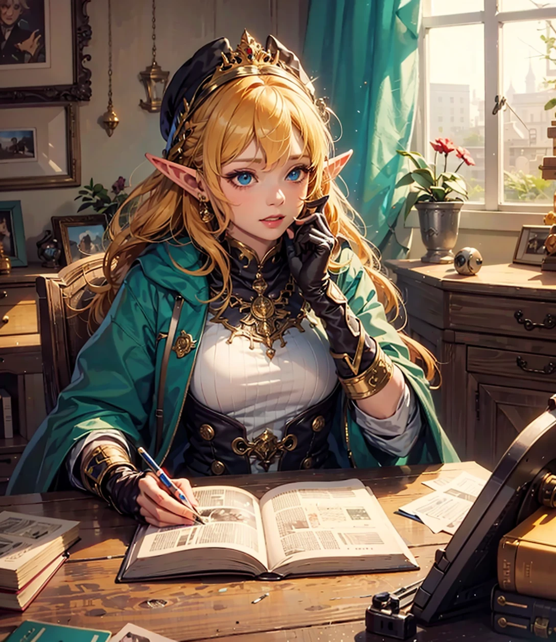 a princess elf in her room reading a book, fantasy