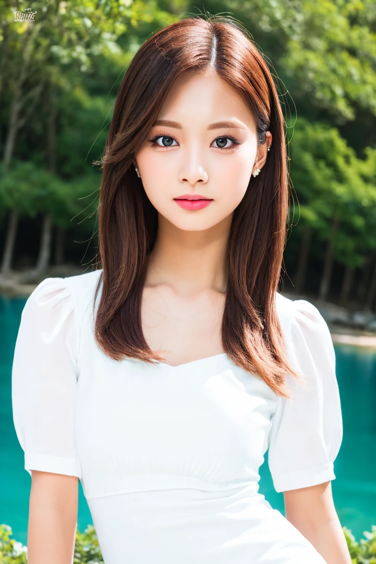 masterpiece,best quality,official art, extremely detailed CG unity 8k wallpaper, absurdres, incredibly absurdres, huge filesize, ultra-detailed, highres, extremely detailed, beautiful detailed girl,((detailed face,perfect face)), (extremely detailed eyes),((looking at viewer)),(real person,photograph),cute,1girl,makeup,((full body)), (haunting smile),(moist lips),(long legs),middle breasts,narrow waist,(slim),(white_skin),blush, shy,((white dress)),(sitting),(mountain),(lake), tzuyu, chewy, <lora:xelors_TwiceTzuyu_V2.0:0.8>