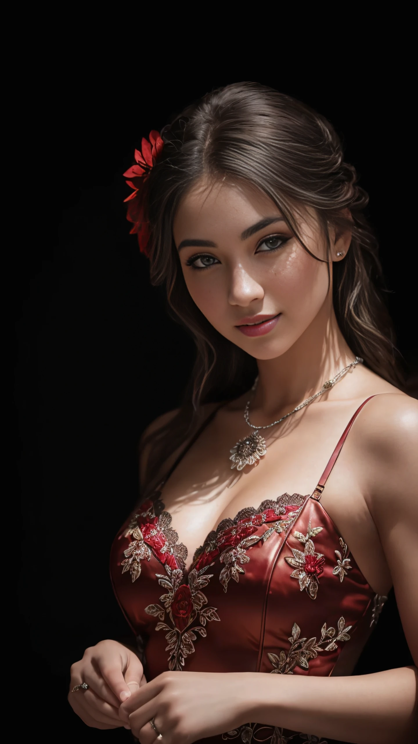 (RAW, analogue, Nikon Z 14mm ultra-wide angle lens, award-winning glamour photograph, ((best quality)), ((masterpiece)), ((realistic)), skin pores, subsurface scattering, radiant light rays, high-res, detailed facial features, high detail, sharp focus, smooth, aesthetic, extremely detailed, (extremely detailed eyes, extremely detailed iris), extremely detailed hair, extremely detailed skin, extremely detailed clothes, octane render, photorealistic, realistic, post-processing, max detail, realistic shadows, roughness, natural skin texture, real life, ultra-realistic, photorealism, photography, 8k UHD, photography, hdr, intricate, elegant, highly detailed, sharp focus, stunning, beautiful, gorgeous), (best quality), (masterpiece), (high resolution), [:(intricate details):0.2], detailed_background, 1girl, 18yo, full body focus:1.1, smile, at the (night time:1.2), abs, garterbelt, white fabric, fabric straps,red floral embroidery, multiple iron chains attached to rings, woman wearing a white garterbelt with red embroidery and multiple leather straps, multiple ribbons, portrait of a award winning photo of posing in a dark studio, dark studio, rim lighting, two tone lighting, dimly lit, low key