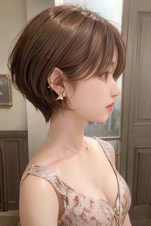 (1girl), (best quality), (masterpiece), (high resolution), (intricate details), (photorealistic), (cinematic light) <lora:SBobHaircut:0.8>
solo, earrings, brown hair, jewelry, short hair, profile, lips, brown eyes, collarbone, realistic, portrait