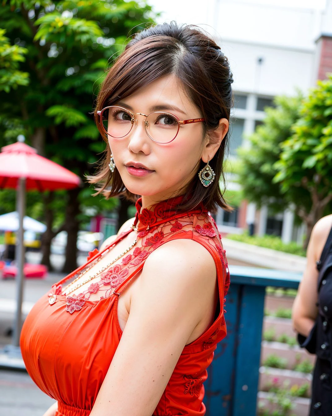 a woman posing on the street corner with glasses on with orange dress on, best quality, 1girl, huge breasts, day, bright, blur background, outdoor, (street:0.8), (people, crowds:1), (lace-trimmed dress:1.2, orange sleeveless dress, printed dress, orange clothes:1.5, orange high-neck dress:1.5, orange dress: 1.5), gorgeous, (forehead, short hair:1.5), beautiful detailed sky, beautiful earrings, (dynamic pose:1), (upper body:0.8), soft lighting, wind, shiny skin, serious face, glasses, <lora:JAV_Anri_O_v1.0:0.65>