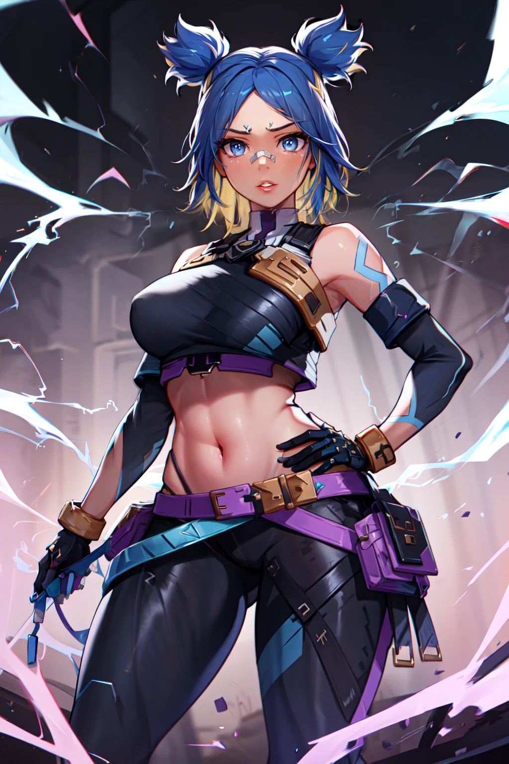 ((masterpiece)), (best quality), (detailed),(hires), (shining face, shining body), neonfx, neon_valorant, 1girl, solo, looking at viewer, blue eyes, blonde hair, gloves, navel, twintails, blue hair, multicolored hair, parted lips, black gloves, belt, pants, hand on hip, floating hair, bandaid, bandaid on face, electricity, animification, bandaid on nose, large breasts <lora:neon-10:0.75>