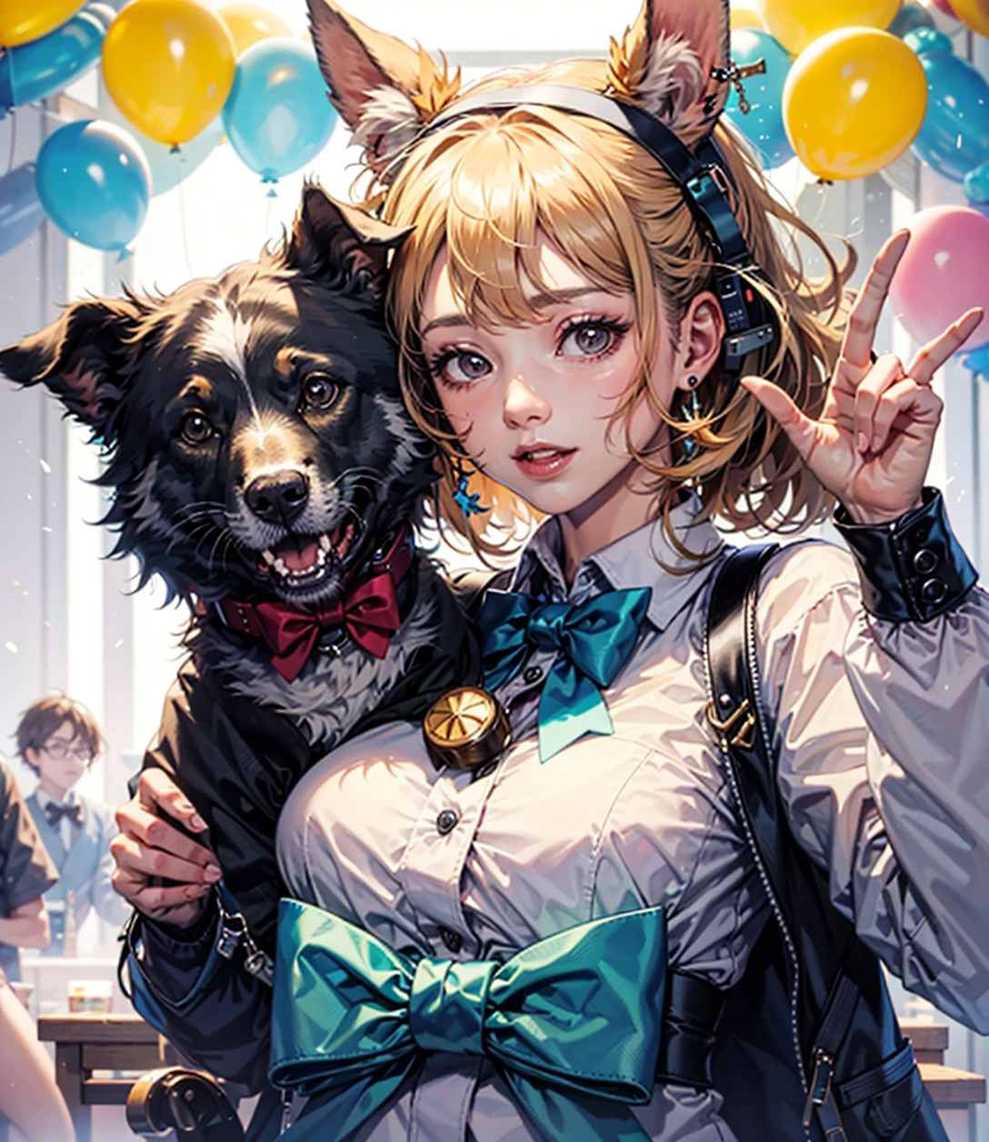 a cute dog wearing a bow tie at a birthday party