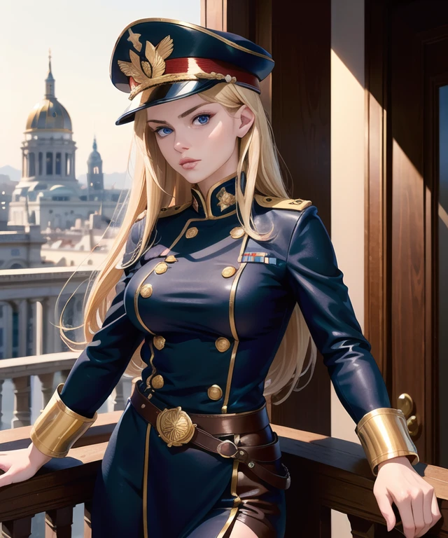 woman in her 20s, (perfect face), defined jawline, deep beautiful dark blue eyes, long flowing blonde hair, in military uniform, gold trimming in outfit, brown leather belt with gold buckle, medals on her chest, rank symbol on arm, military cap with gold symbol, posing seductively on balcony, city capitol background, warm lighting, (medium shot photograph), looking at viewer, realistic