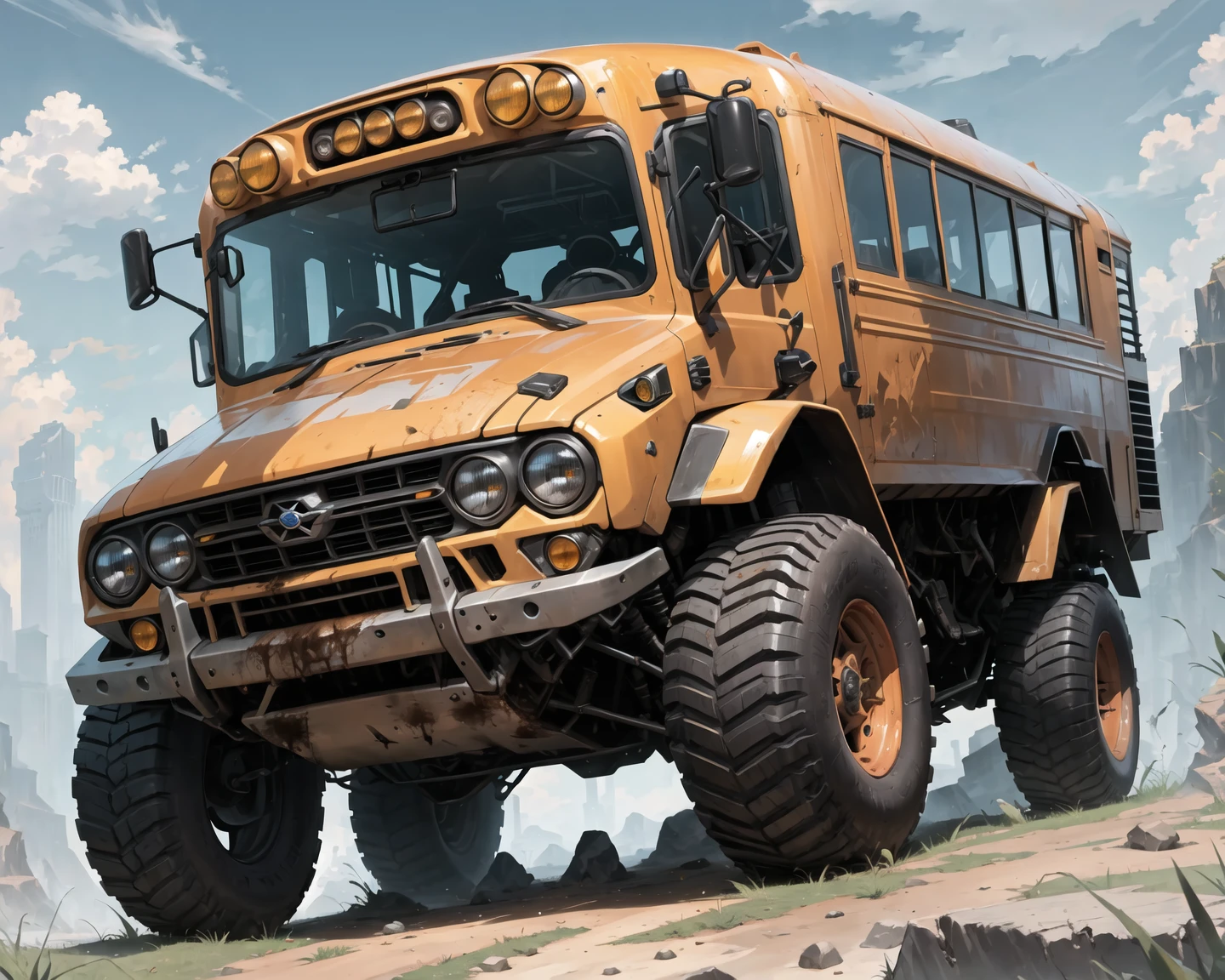 (masterpiece, best quality:1.1), ultra-detailed, (battlecar:1.1), (school bus:1.08), (painted orange:1.05), vehicle focus, no humans, car, wheel, tire, debris, grass, rock, dirty