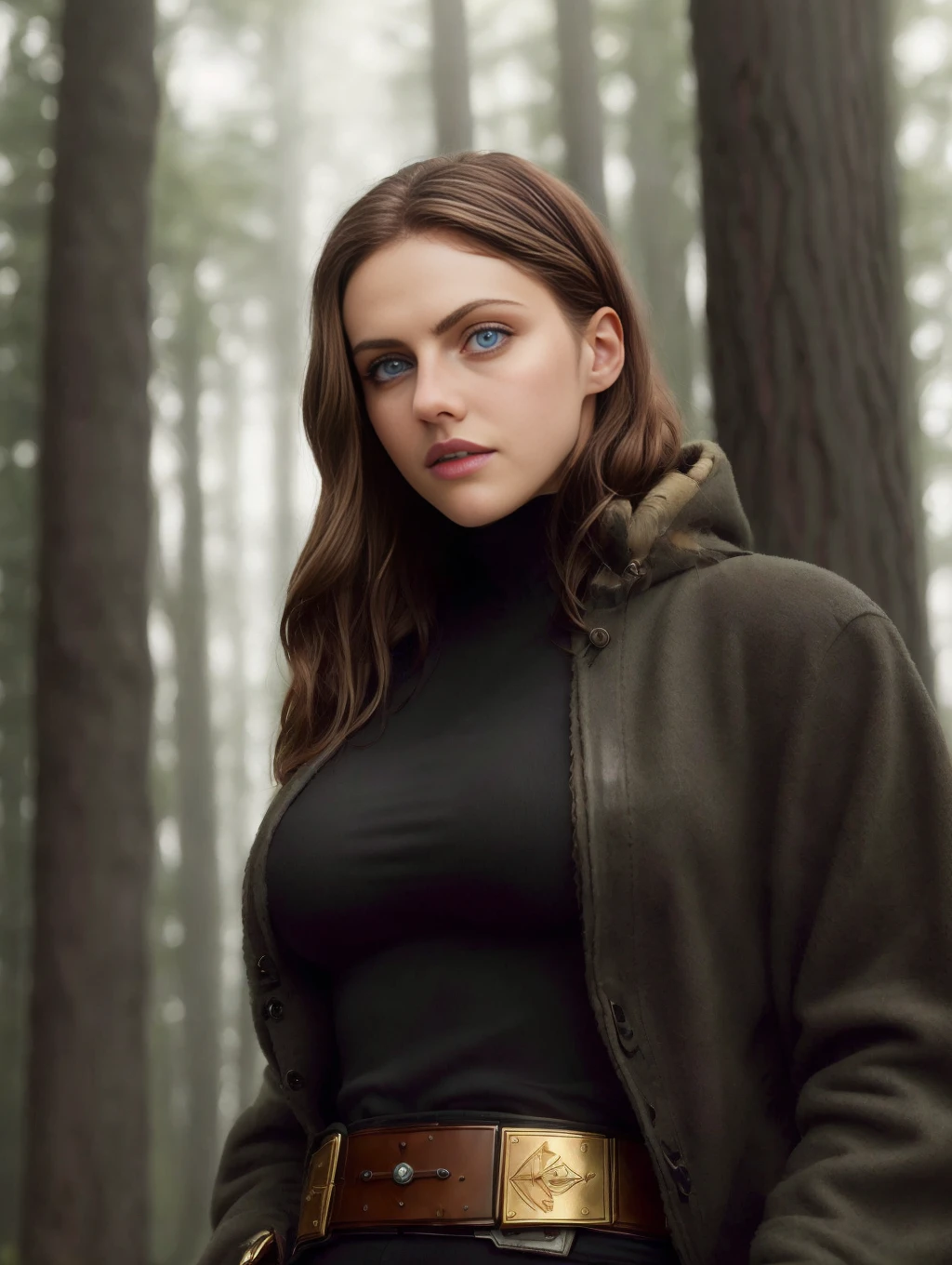 (8k, best quality, masterpiece:1.2),(best quality:1.0), (ultra highres:1.0),action pose, a beautiful woman <lora:AlexandraDaddarioV2:1.0>  , beautiful blue eyes, detailed iris, chestnut hair, full body portrait, medium breasts, wearing black jedi robes with gold leather belt, star wars, forest endor background, modelshoot style, intricate, elegant, skin details, realism, (hyperrealism), (cinematic), (hyperdetailed:1.2), hdr