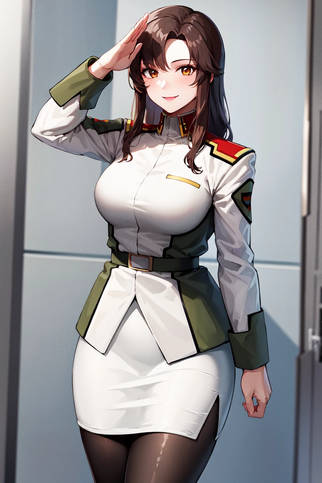 masterpiece, best quality, highres, ramius1, 1girl, solo, military uniform, military, makeup, black pantyhose, white shirt,  white skirt, tight skirt, <lora:murrue_ramius_v1:0.7>, cowboy shot, smile, salute