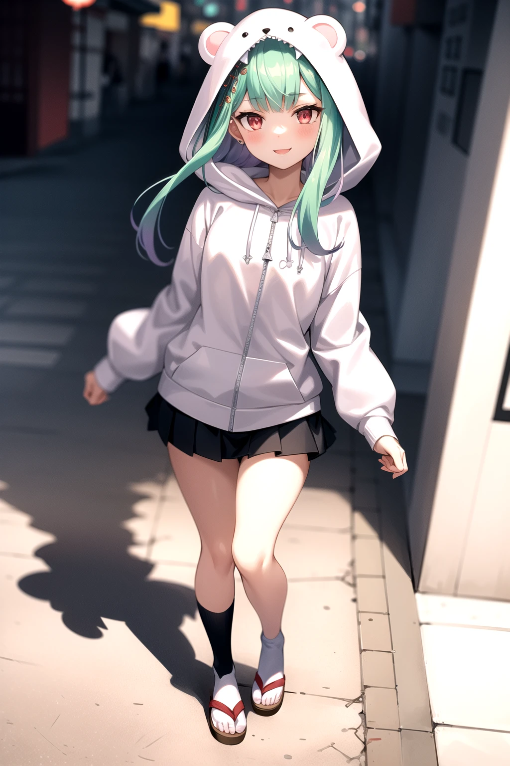 2d, masterpiece, best quality, anime, highly detailed face, highly detailed eyes, highly detailed background, perfect lighting, full body, 1girl, solo, rushia_hoodie, green hair, long hair, white hoodie, miniskirt, standing, dynamic pose, smile, japanese town, street <lora:rushia-05:1>