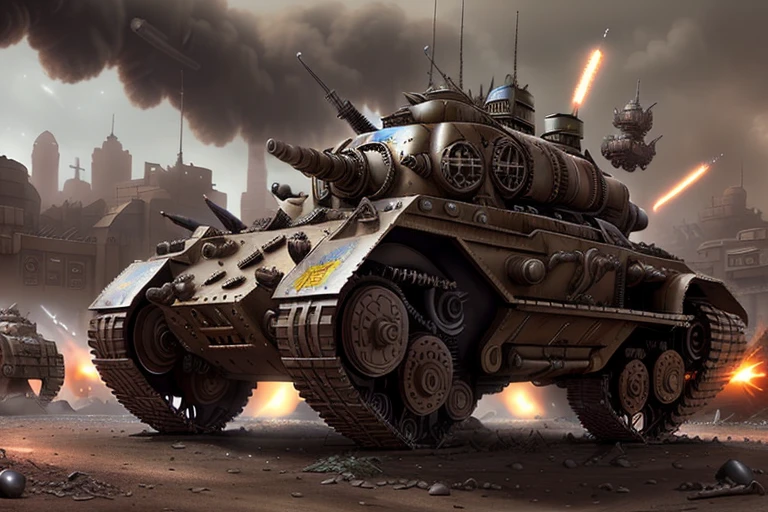 steampunk city, war machines attack, Metal Slug battle tank vehicle style,  ultra detailed, epic realistic, faded, (((hdr))), hyperdetailed, cinematic, warm lights, intricate details, <lora:dieselpunkai_9MB:1>