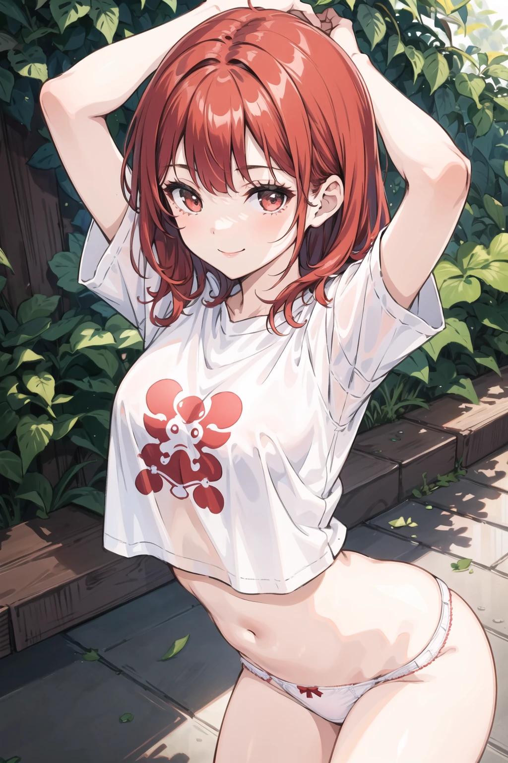 best quality, high resolution, distinct image, (beautiful detailed girl:1.1), (sidelighting:1.1), 1girl, bangs, red hair, medium hair, messy_hair, breasts, light smile, no pants, white shirt, panties, arms up, bent_over, looking at viewer, (outdoors:1.1), meme, midriff, navel, solo, standing, stomach, trembling