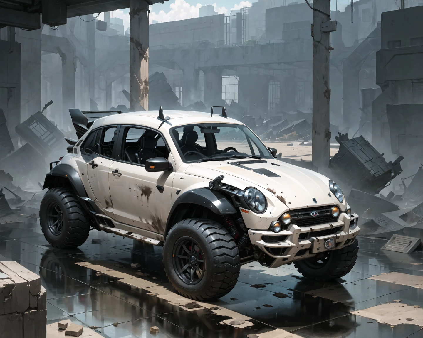 (masterpiece, best quality:1.1), ultra-detailed, (battlecar:1.1), (buggy:1.08), (painted pearl black:1.05), vehicle focus, no humans, car, wheel, tire, debris, smooth floor, reflection, dirty