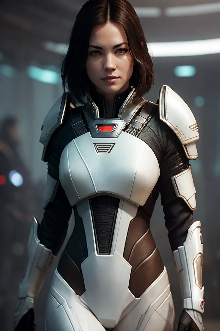 photo of (yv0nn3:0.99), a woman as Mass Effect's Miranda Lawson, (Mass Effect style), (wearing futuristic white armor), (black hair:1.1), modelshoot style, (extremely detailed CG unity 8k wallpaper), photo of the most beautiful artwork in the world, professional majestic oil painting by Ed Blinkey, Atey Ghailan, Studio Ghibli, by Jeremy Mann, Greg Manchess, Antonio Moro, trending on ArtStation, trending on CGSociety, Intricate, High Detail, Sharp focus, dramatic, photorealistic painting art by midjourney and greg rutkowski, (wearing an elegant suit with neckline), (spaceship), (looking at viewer), (detailed pupils:1.3)