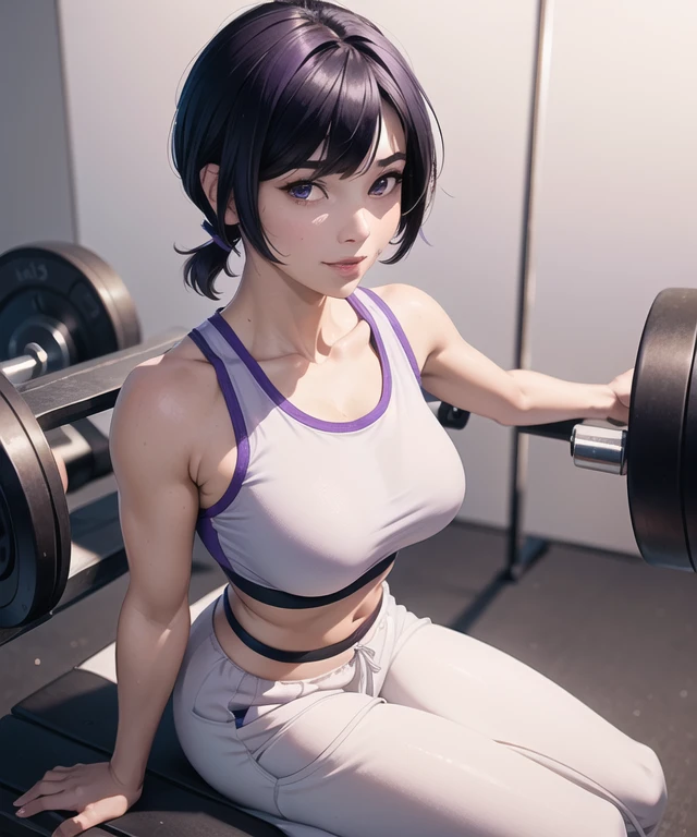 woman in her 20s, (perfect face), beautiful smile, beautiful eyes, (perfect anatomy), athletic body, thick thighs, (sexy), (short black bob cut hair), straight bangs, short pigtails, hair covering ears, (purple sports bra:1.2), (white loose baggy jogging pants:1.2), white arm wraps, (perfect hands), (sitting on a benchpress), (gym background), (medium shot photograph), looking at viewer, realistic